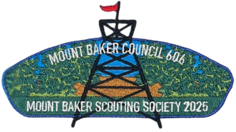 Council shoulder patch featuring Mount Baker Scouting Society text and a depiction of the Fire Watch Tower - blue border