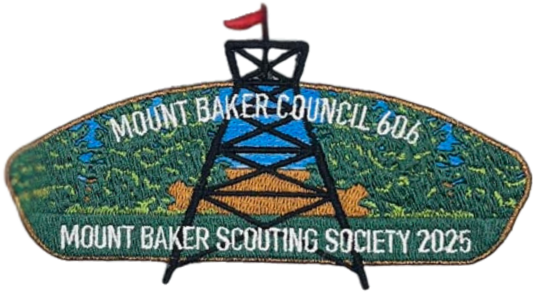 Council shoulder patch featuring Mount Baker Scouting Society text and a depiction of the Fire Watch Tower - brown border