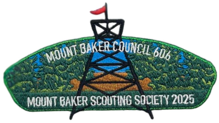 Council shoulder patch featuring Mount Baker Scouting Society text and a depiction of the Fire Watch Tower - green border